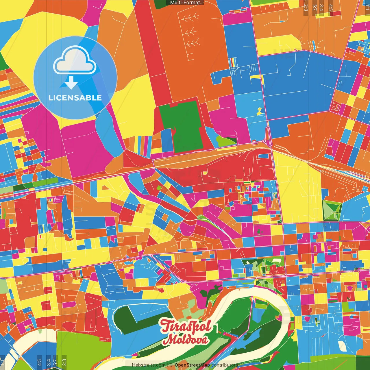 Tiraspol, Transnistria, Moldova Crazy Colorful Street Map Poster Template