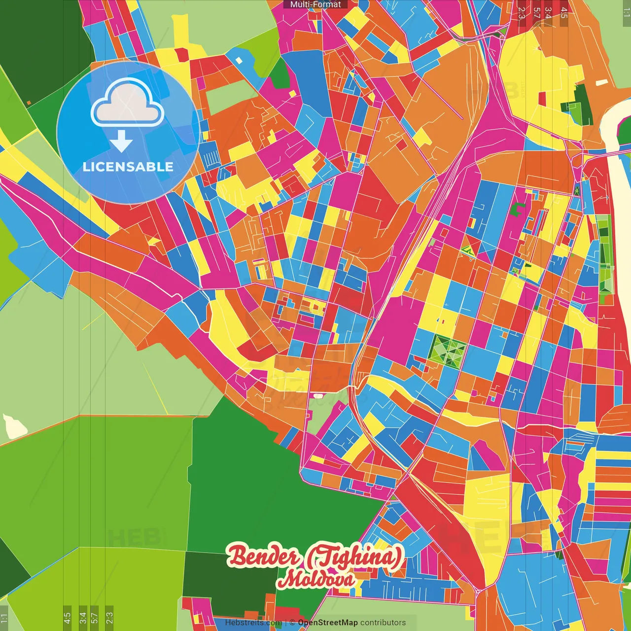 Bender (Tighina), Bender municipality, Moldova Crazy Colorful Street Map Poster Template