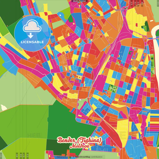 Bender (Tighina), Bender municipality, Moldova Crazy Colorful Street Map Poster Template