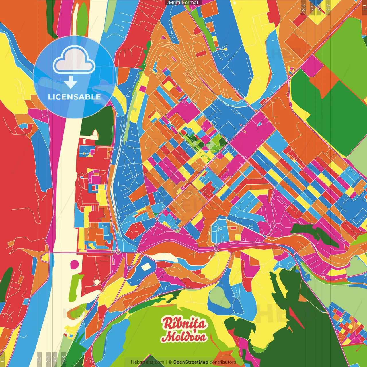Rîbnița, Transnistria, Moldova Crazy Colorful Street Map Poster Template