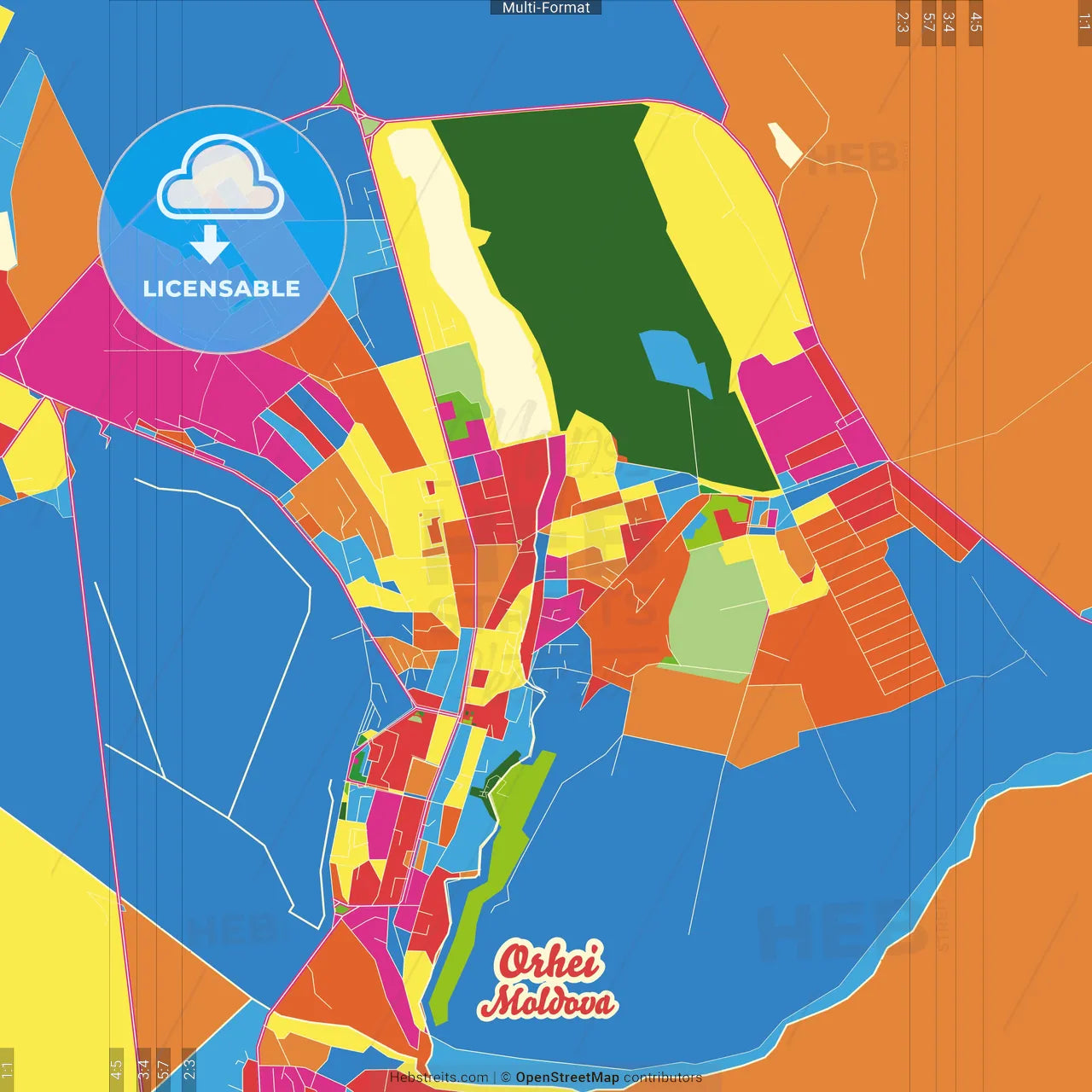 Orhei, Orhei district, Moldova Crazy Colorful Street Map Poster Template