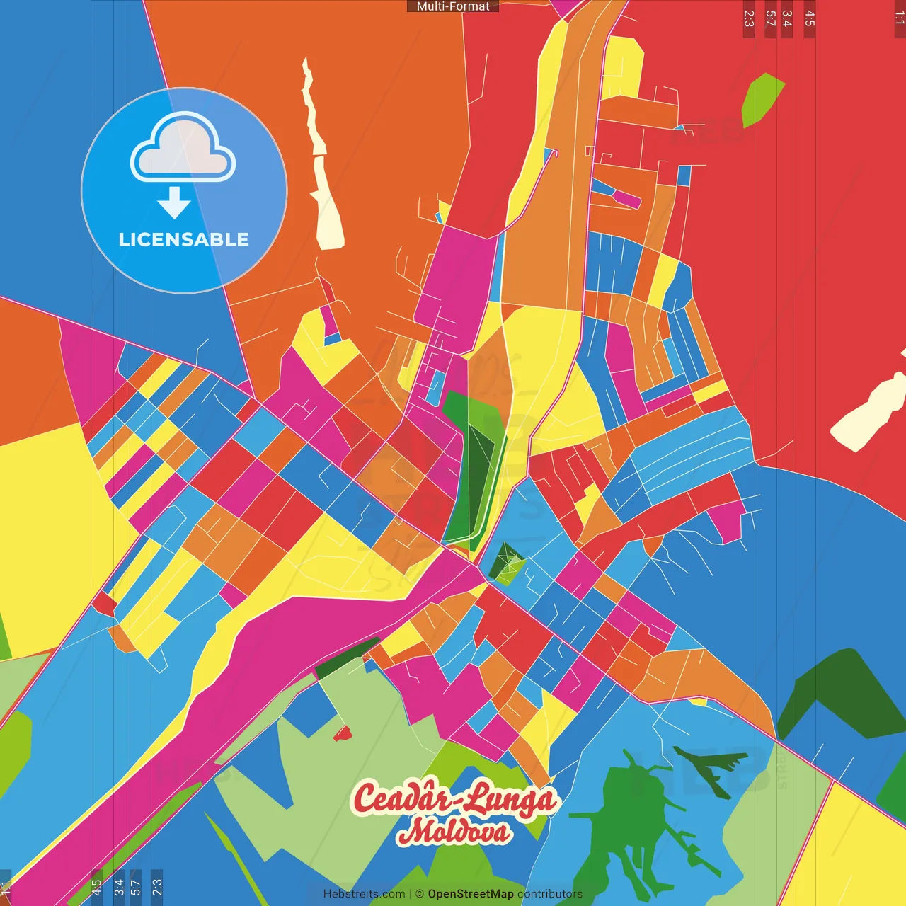 Ceadâr-Lunga, Gagauzia, Moldova Crazy Colorful Street Map Poster Template