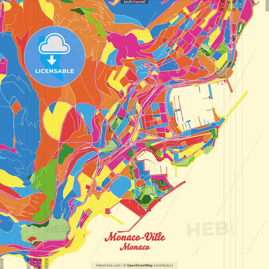 Monaco-Ville, Monaco Crazy Colorful Street Map Poster Template