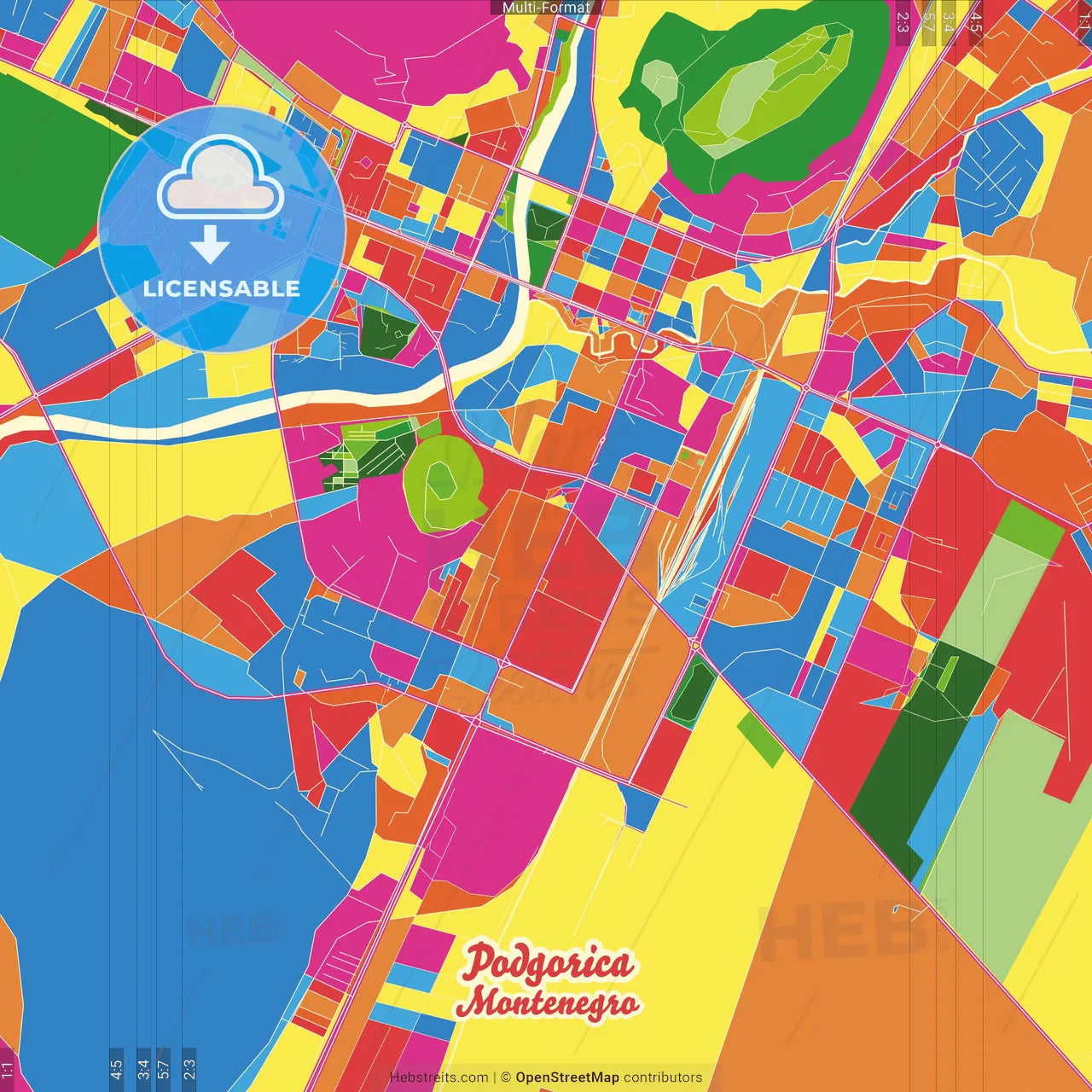 Podgorica, Central, Montenegro Crazy Colorful Street Map Poster Template