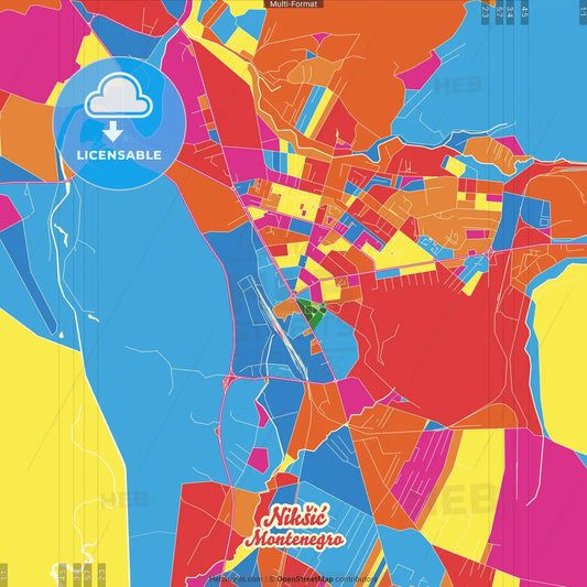 Nikšić, Central, Montenegro Crazy Colorful Street Map Poster Template