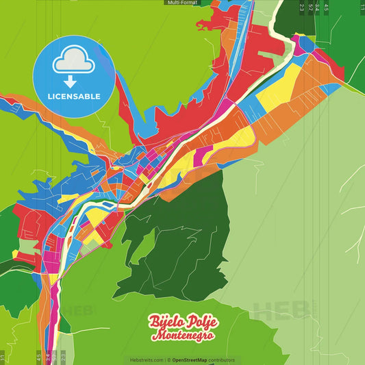 Bijelo Polje, Northern, Montenegro Crazy Colorful Street Map Poster Template