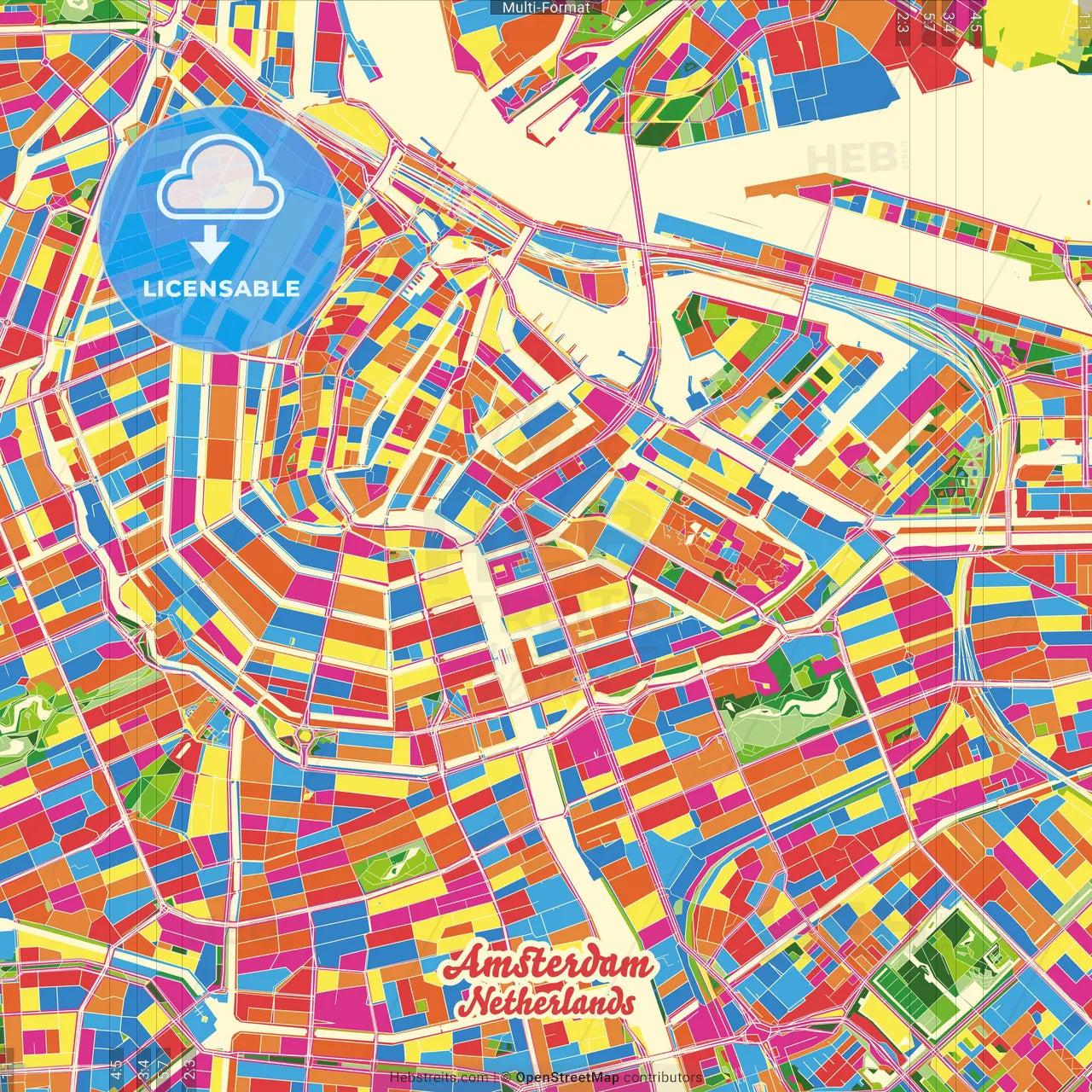Amsterdam, North Holland, Netherlands Crazy Colorful Street Map Poster Template