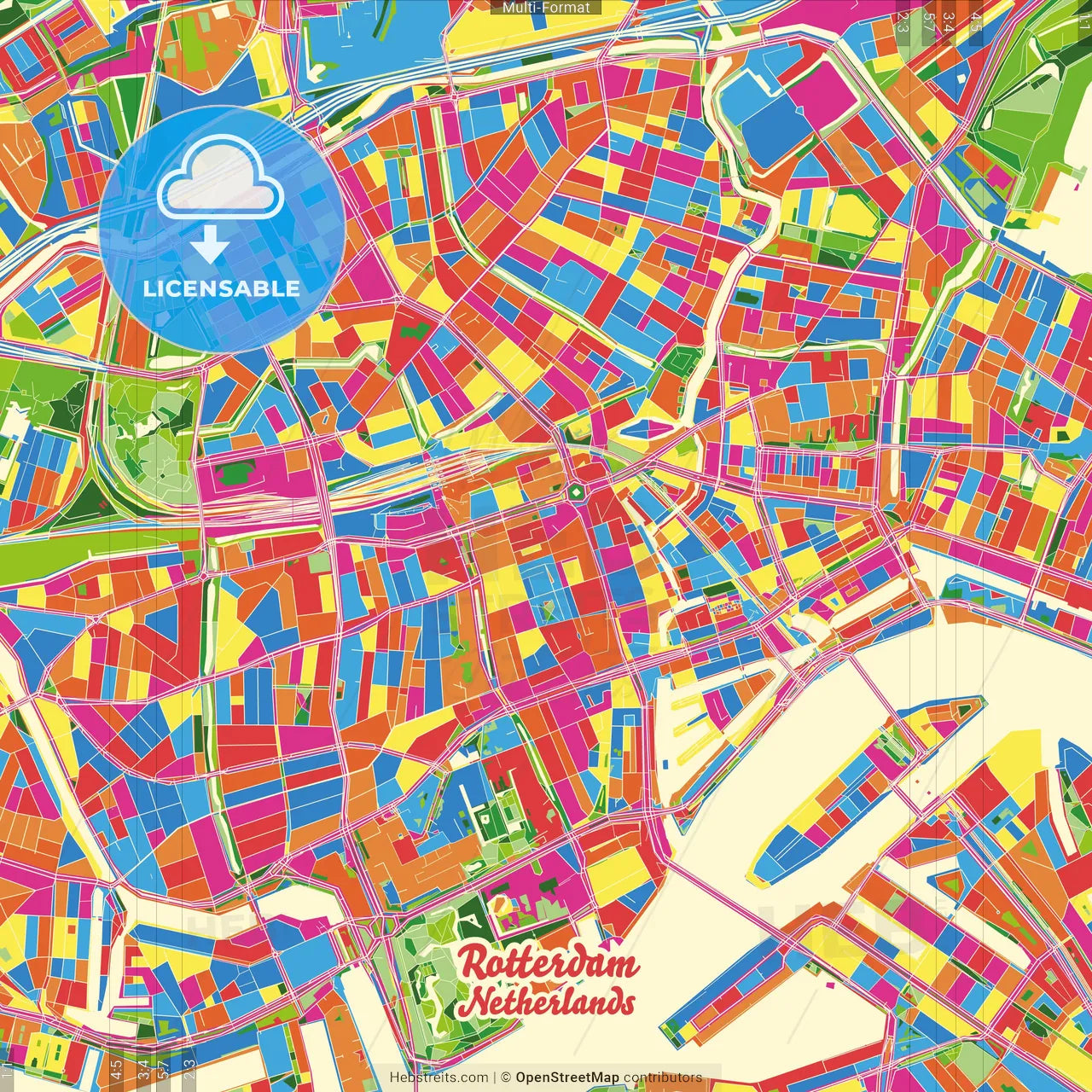 Rotterdam, South Holland, Netherlands Crazy Colorful Street Map Poster Template