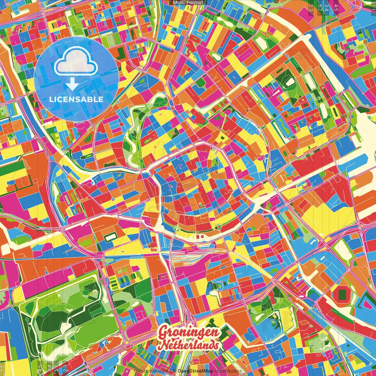 Groningen, Groningen, Netherlands Crazy Colorful Street Map Poster Template