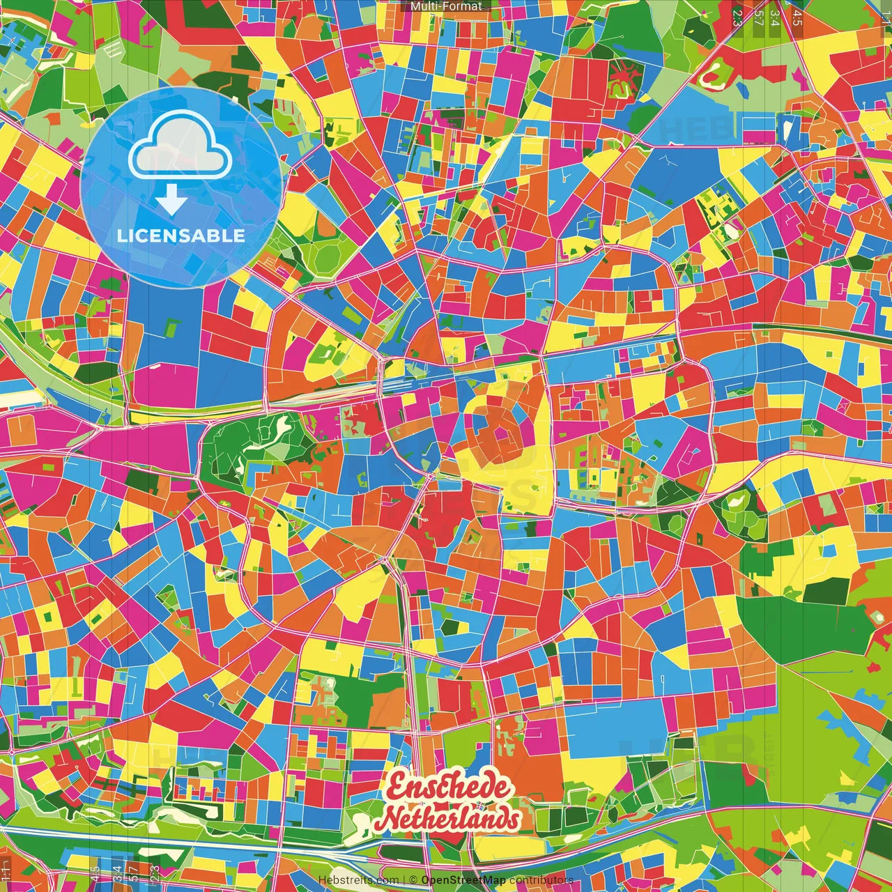 Enschede, Overijssel, Netherlands Crazy Colorful Street Map Poster Template