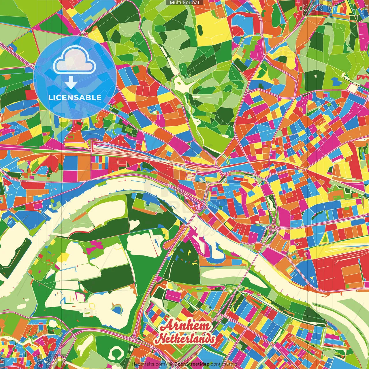 Arnhem, Gelderland, Netherlands Crazy Colorful Street Map Poster Template