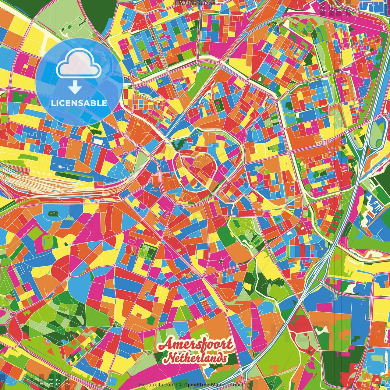 Amersfoort, Utrecht, Netherlands Crazy Colorful Street Map Poster Template