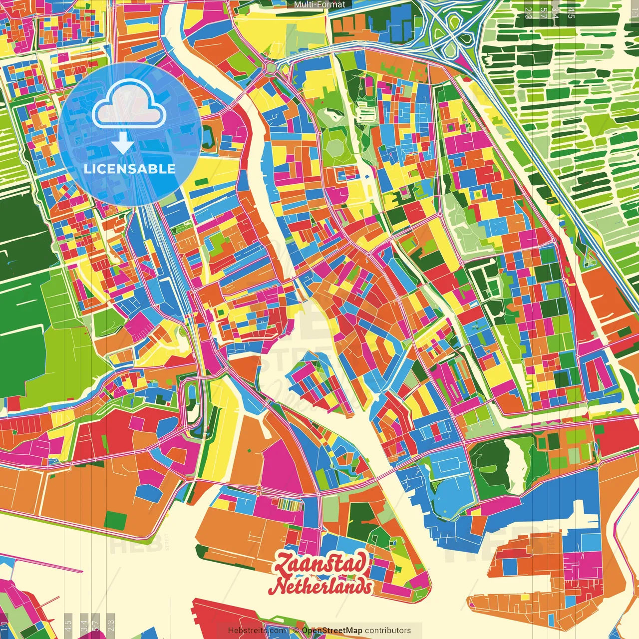 Zaanstad, North Holland, Netherlands Crazy Colorful Street Map Poster Template