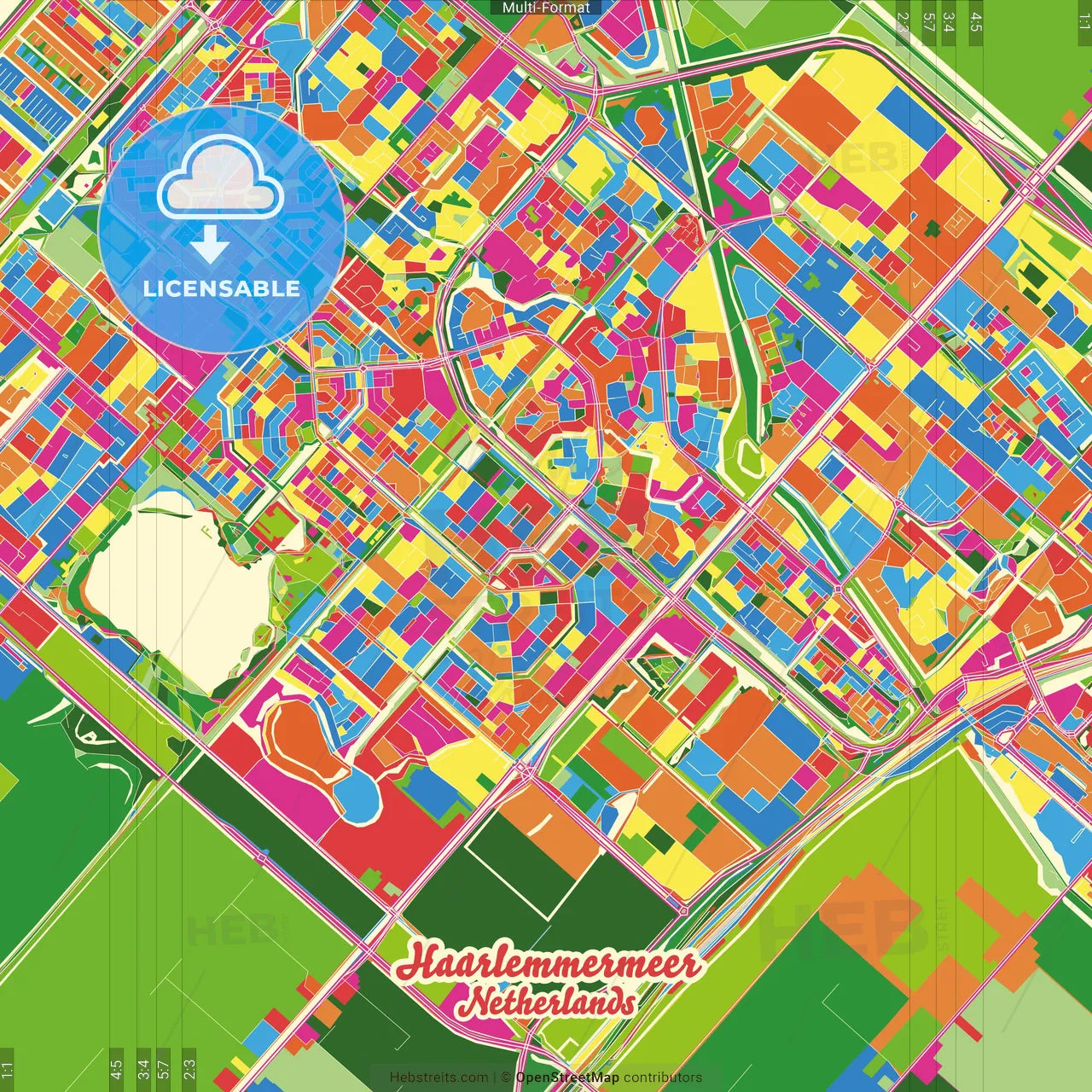 Haarlemmermeer, North Holland, Netherlands Crazy Colorful Street Map Poster Template