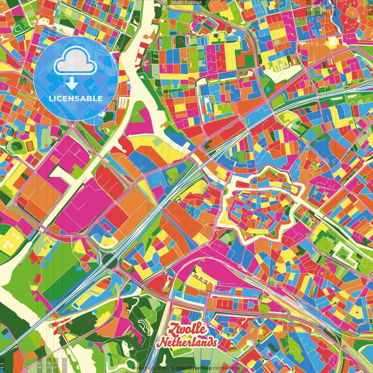 Zwolle, Overijssel, Netherlands Crazy Colorful Street Map Poster Template
