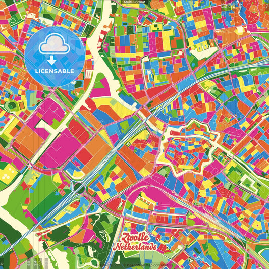 Zwolle, Overijssel, Netherlands Crazy Colorful Street Map Poster Template
