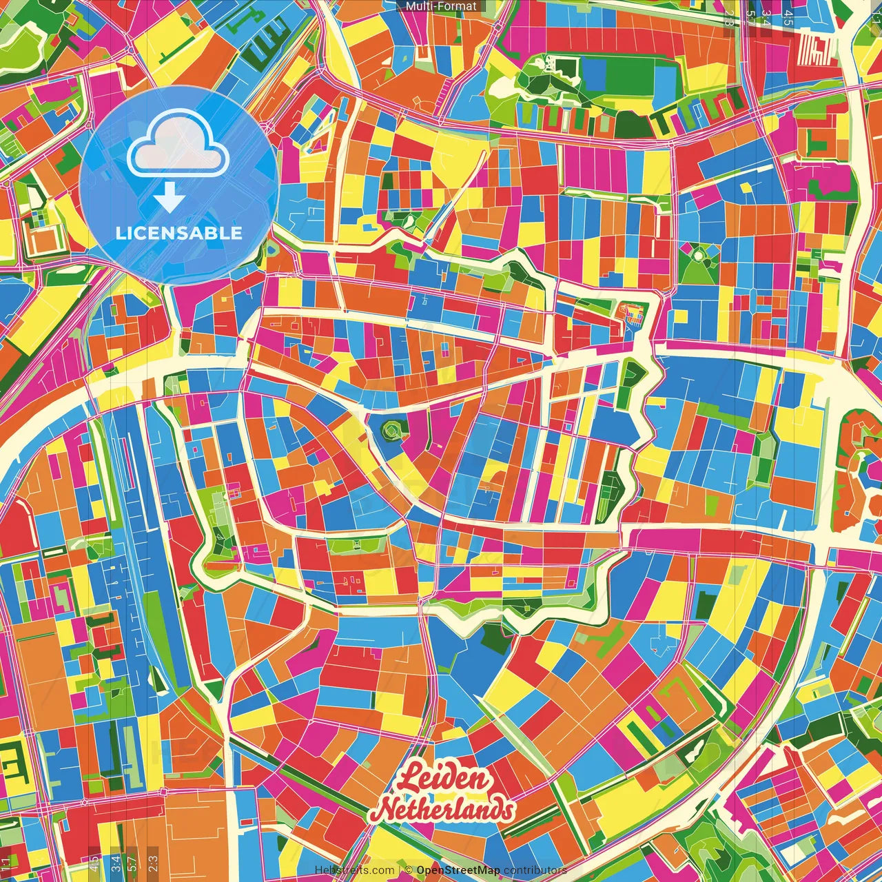Leiden, South Holland, Netherlands Crazy Colorful Street Map Poster Template