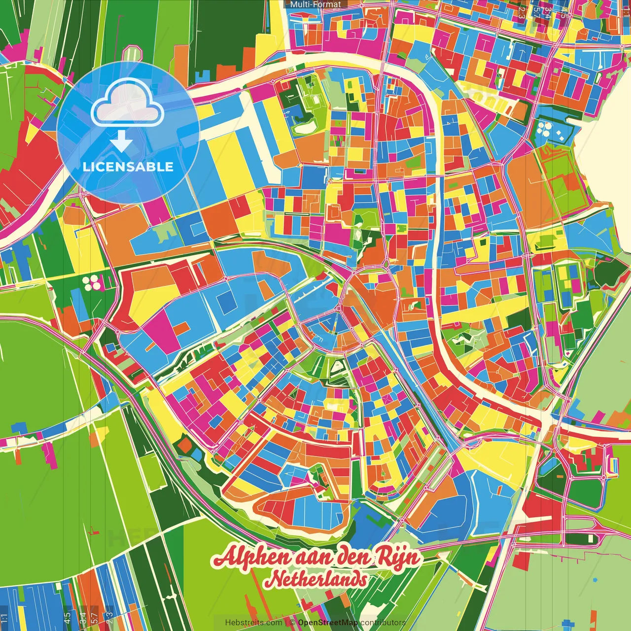 Alphen aan den Rijn, South Holland, Netherlands Crazy Colorful Street Map Poster Template