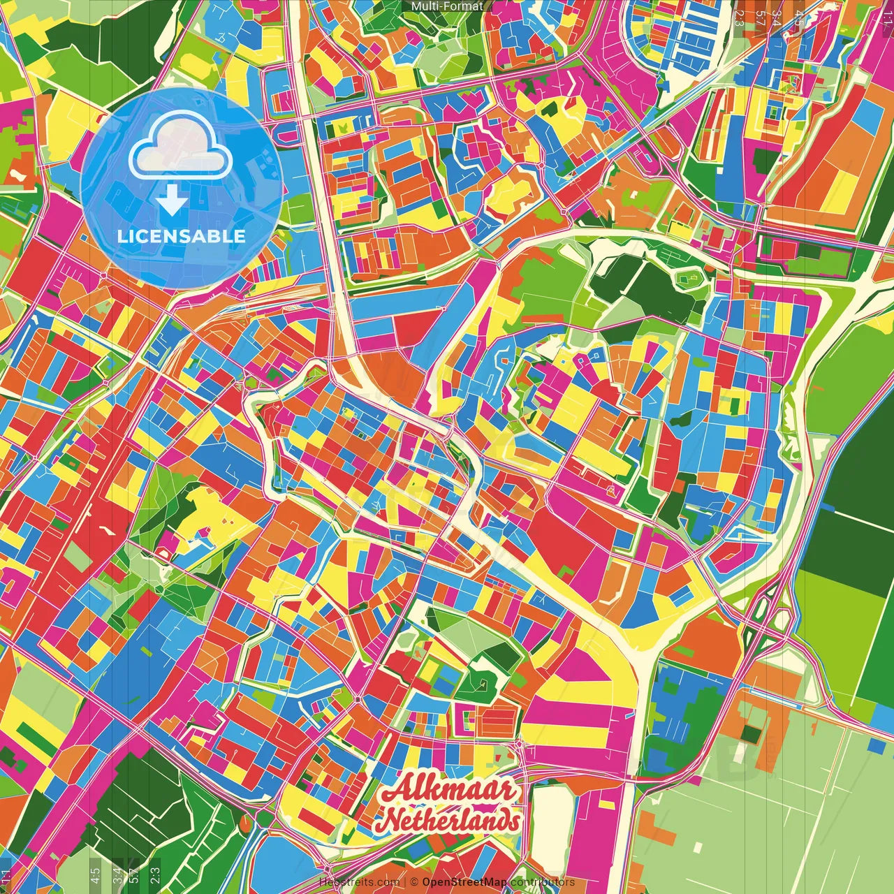 Alkmaar, North Holland, Netherlands Crazy Colorful Street Map Poster Template