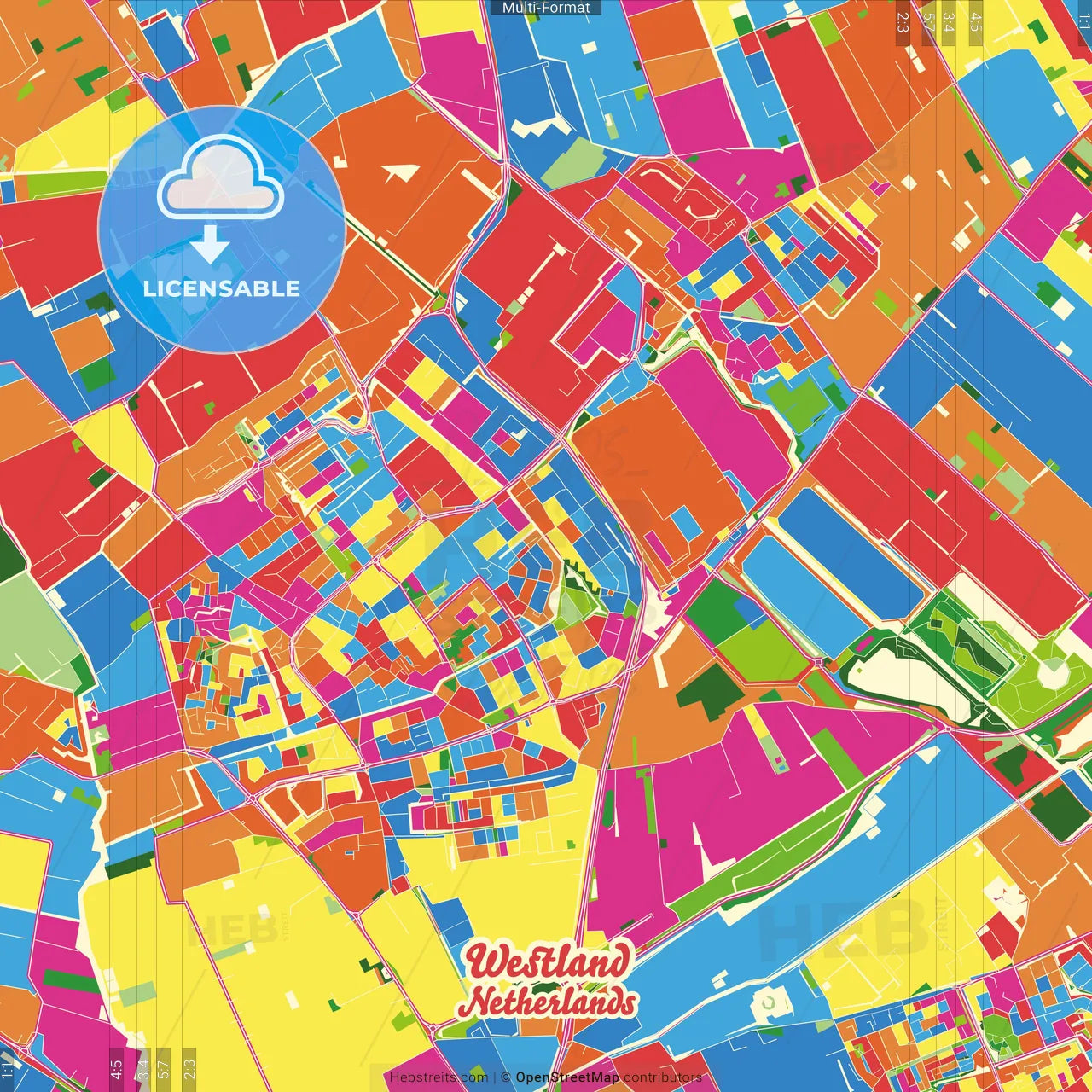 Westland, South Holland, Netherlands Crazy Colorful Street Map Poster Template