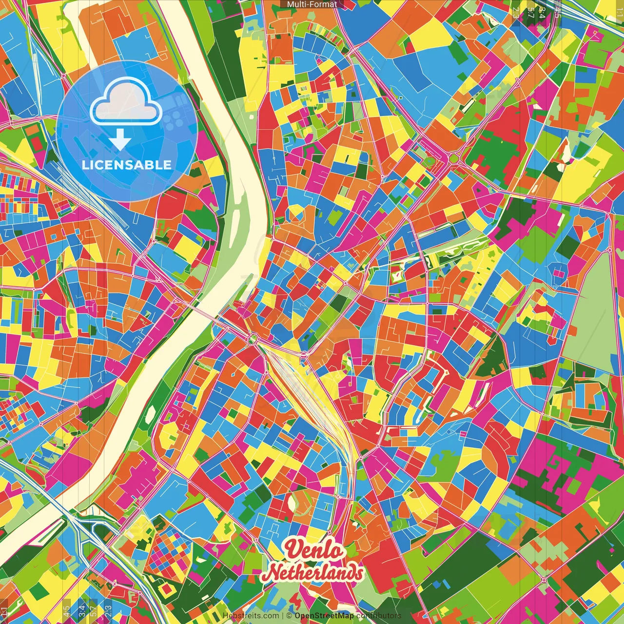 Venlo, Limburg, Netherlands Crazy Colorful Street Map Poster Template