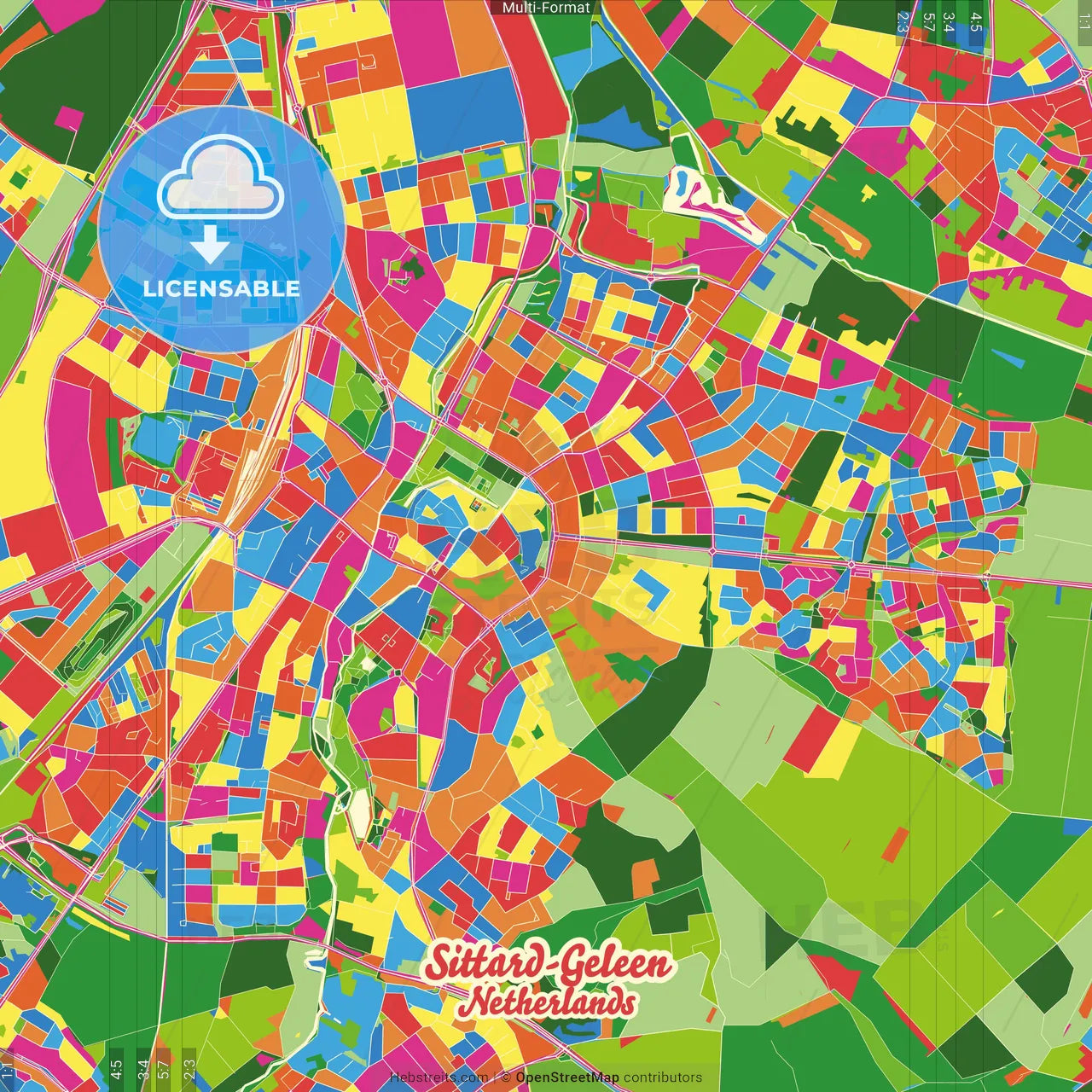 Sittard-Geleen, Limburg, Netherlands Crazy Colorful Street Map Poster Template