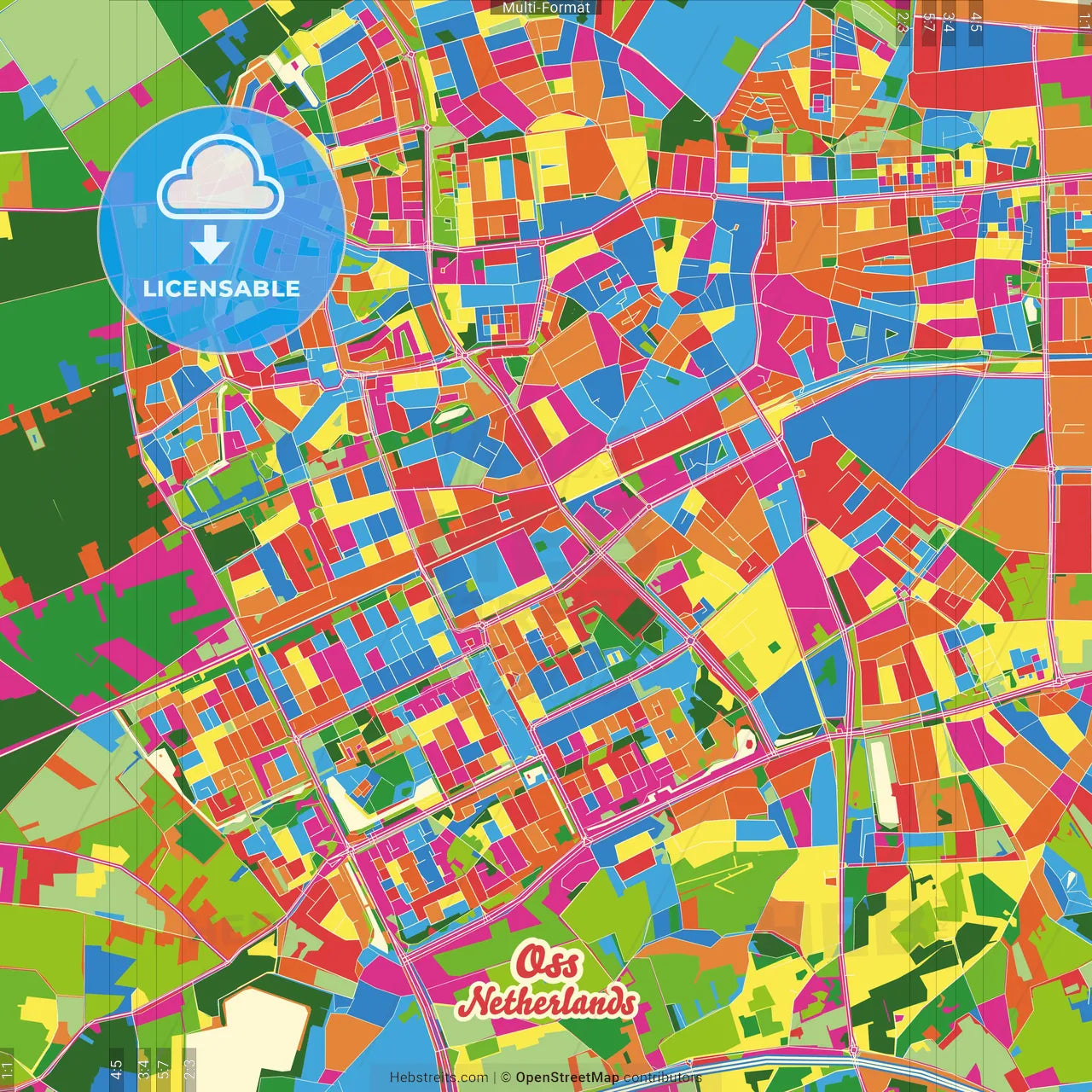 Oss, North Brabant, Netherlands Crazy Colorful Street Map Poster Template
