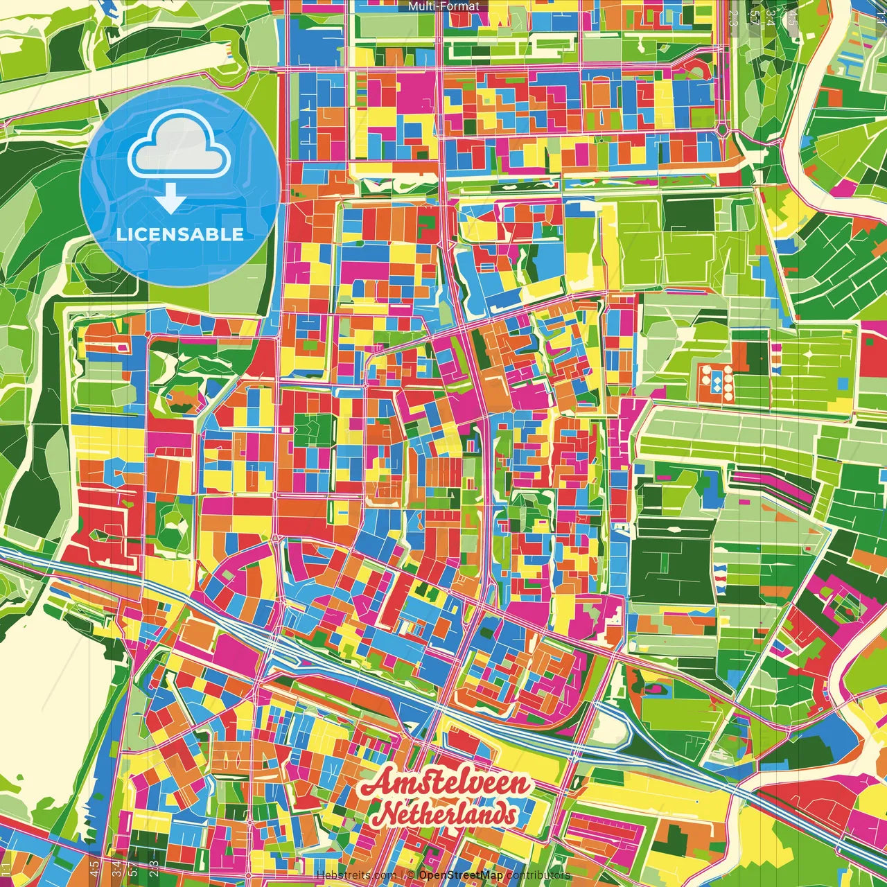 Amstelveen, North Holland, Netherlands Crazy Colorful Street Map Poster Template