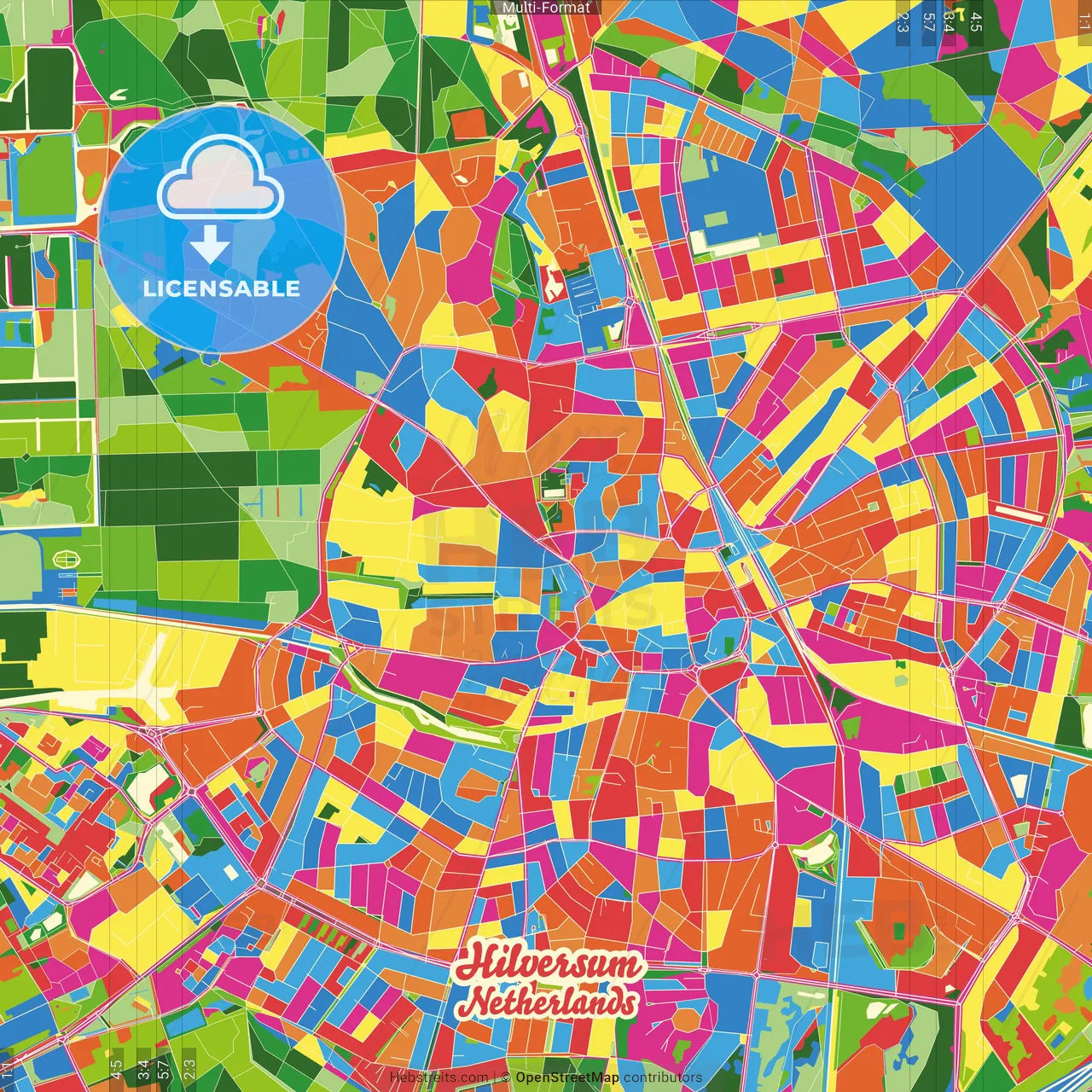 Hilversum, North Holland, Netherlands Crazy Colorful Street Map Poster Template