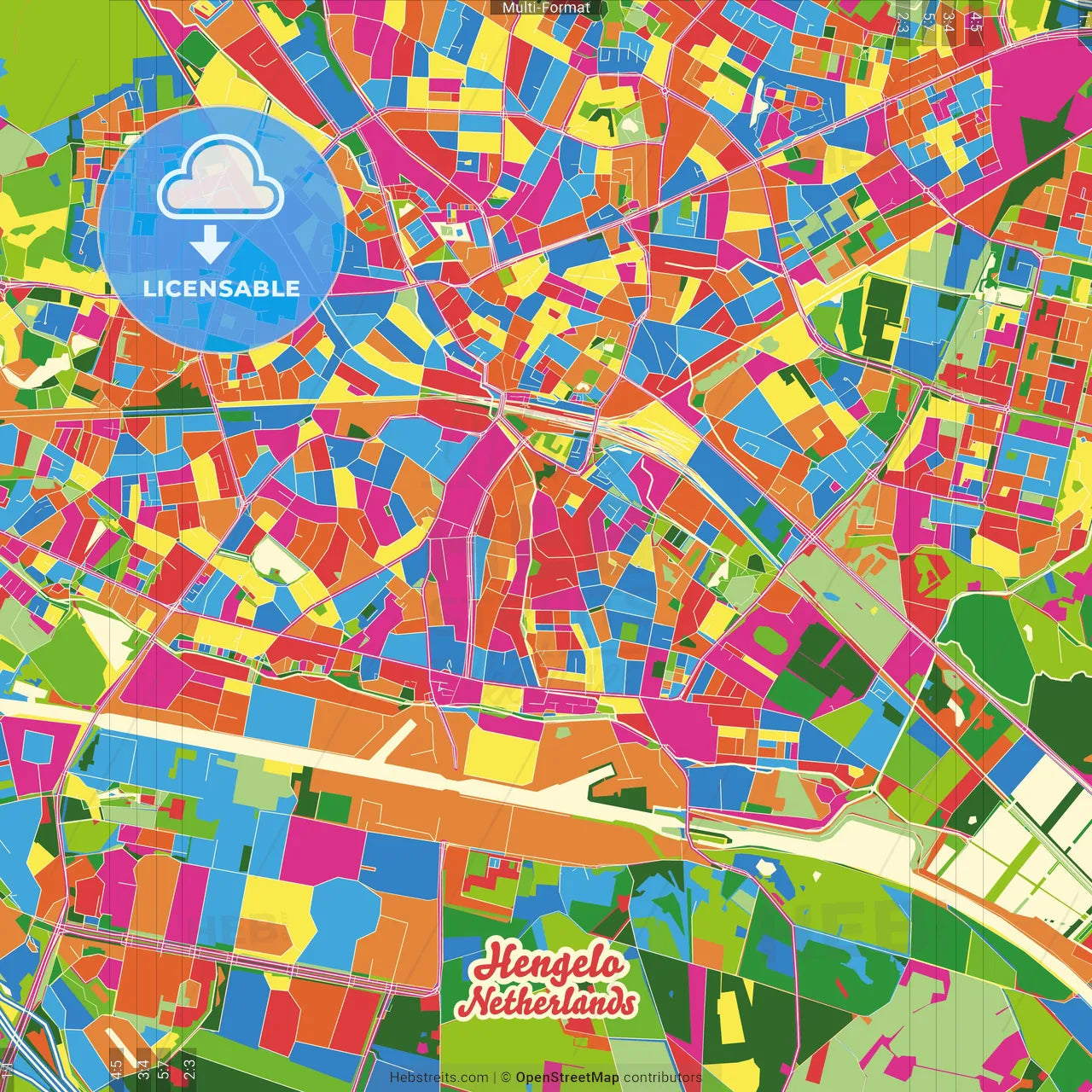 Hengelo, Overijssel, Netherlands Crazy Colorful Street Map Poster Template
