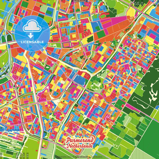 Purmerend, North Holland, Netherlands Crazy Colorful Street Map Poster Template