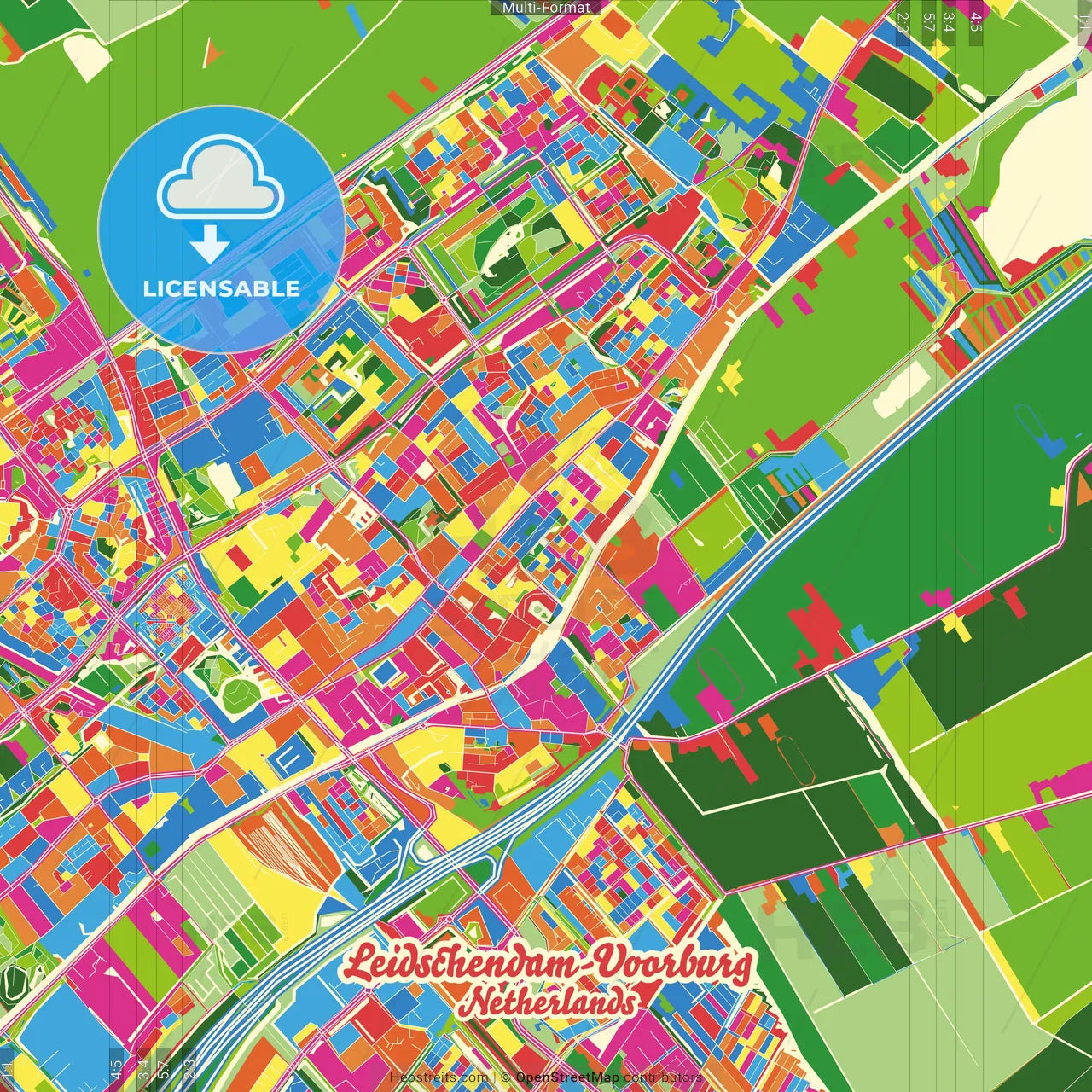 Leidschendam-Voorburg, South Holland, Netherlands Crazy Colorful Street Map Poster Template