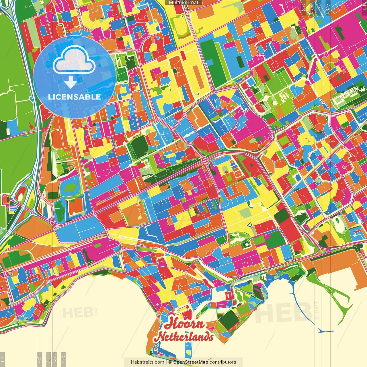 Hoorn, North Holland, Netherlands Crazy Colorful Street Map Poster Template