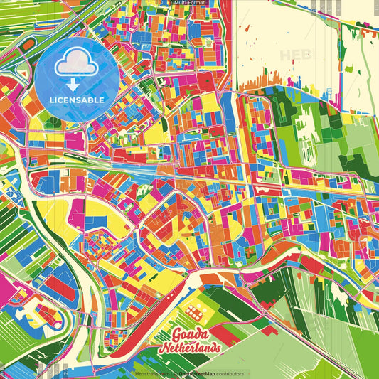 Gouda, South Holland, Netherlands Crazy Colorful Street Map Poster Template