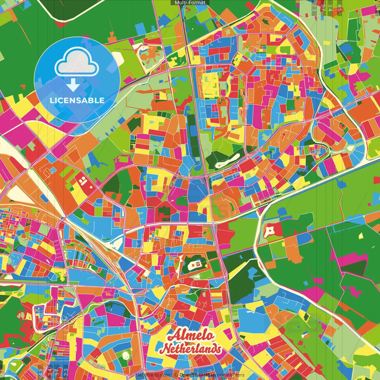 Almelo, Overijssel, Netherlands Crazy Colorful Street Map Poster Template