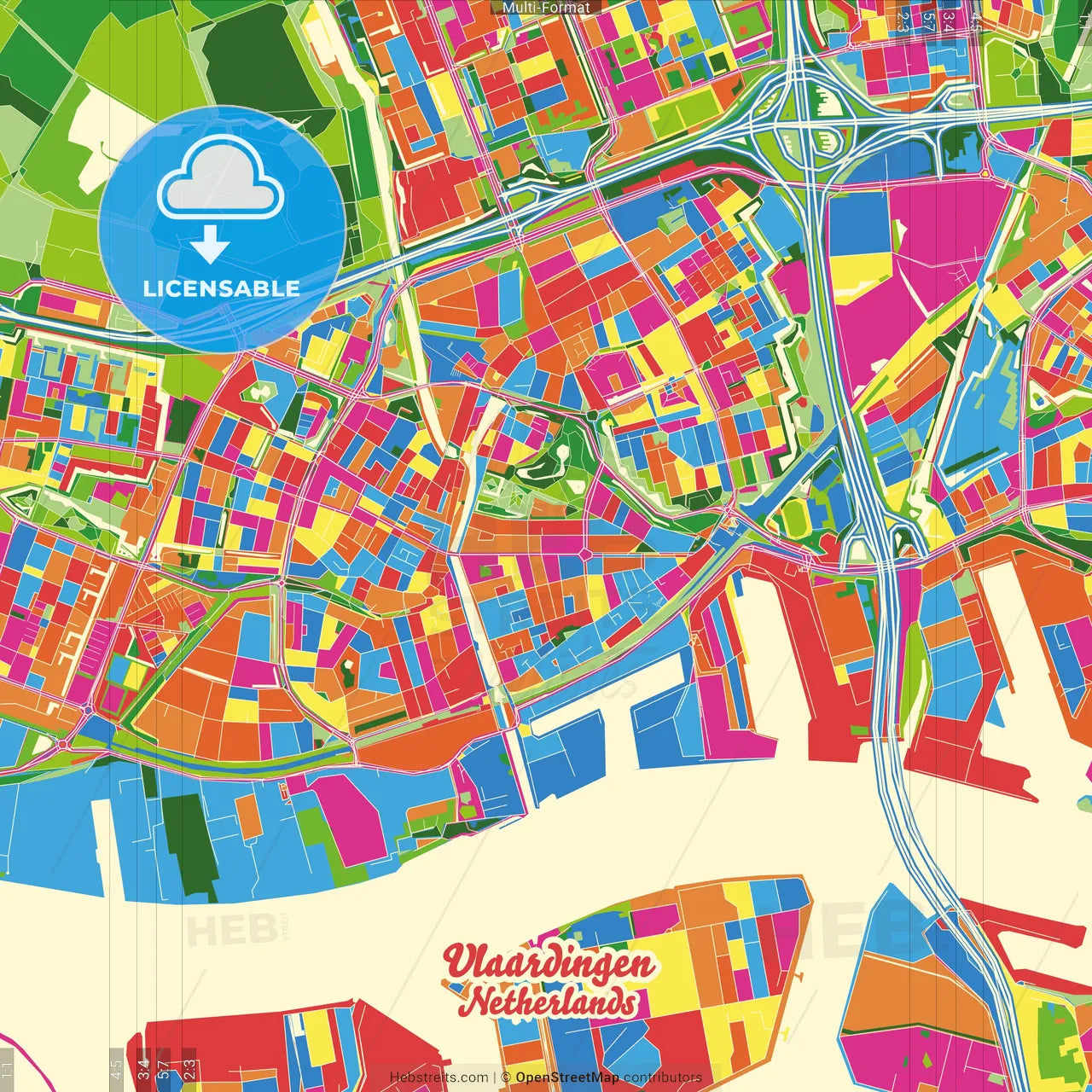 Vlaardingen, South Holland, Netherlands Crazy Colorful Street Map Poster Template