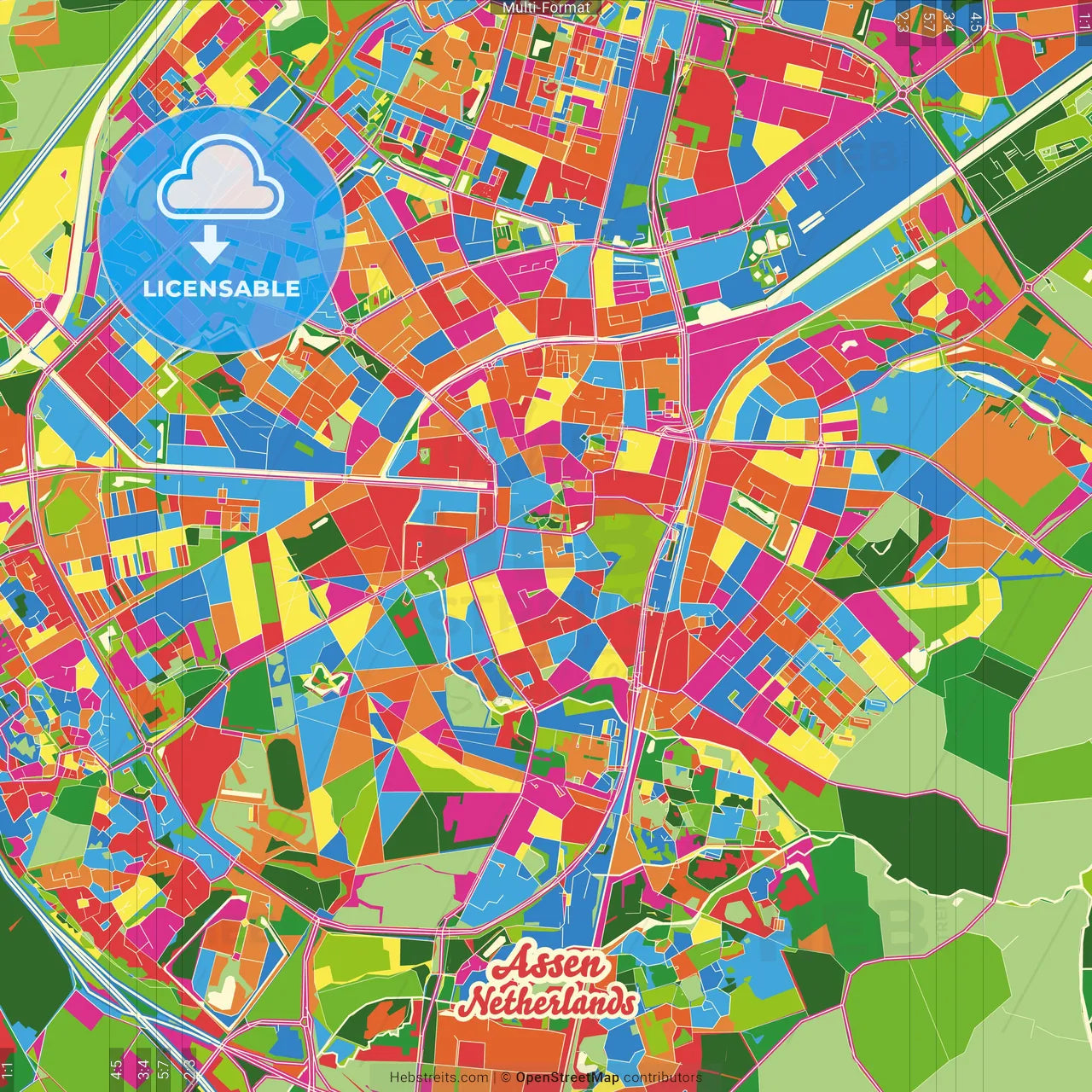Assen, Drenthe, Netherlands Crazy Colorful Street Map Poster Template