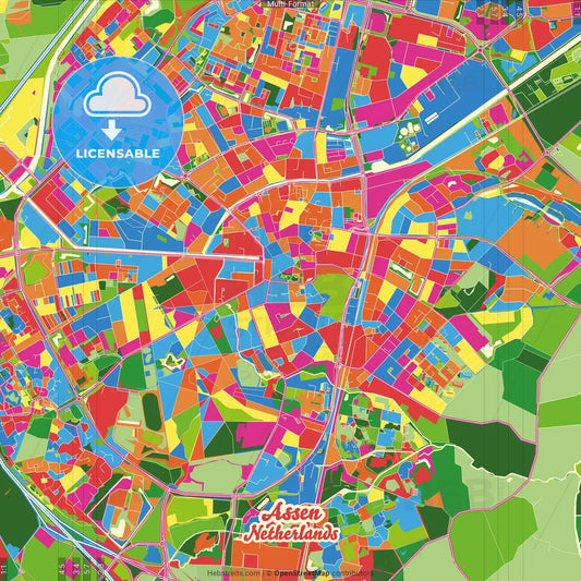 Assen, Drenthe, Netherlands Crazy Colorful Street Map Poster Template