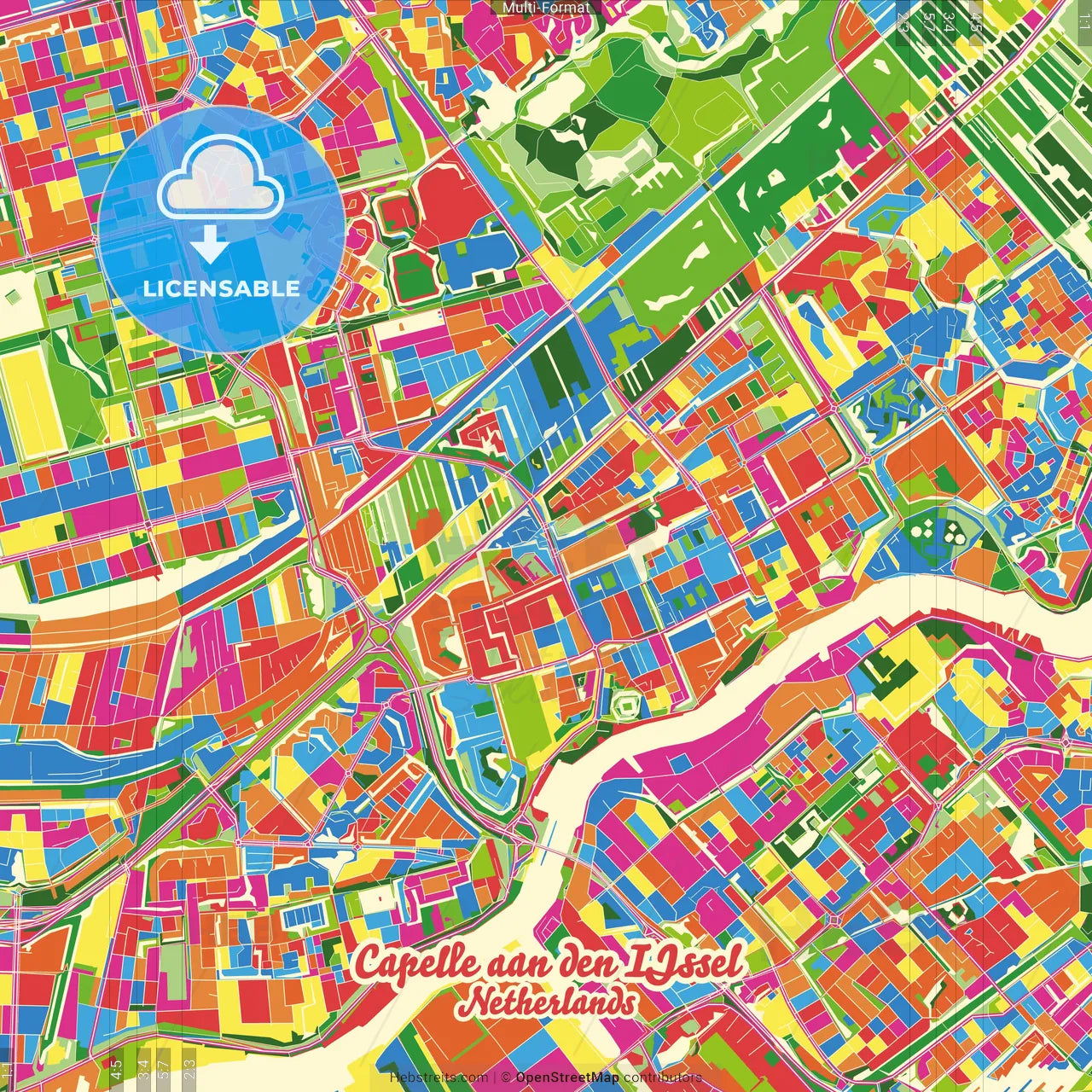 Capelle aan den IJssel, South Holland, Netherlands Crazy Colorful Street Map Poster Template