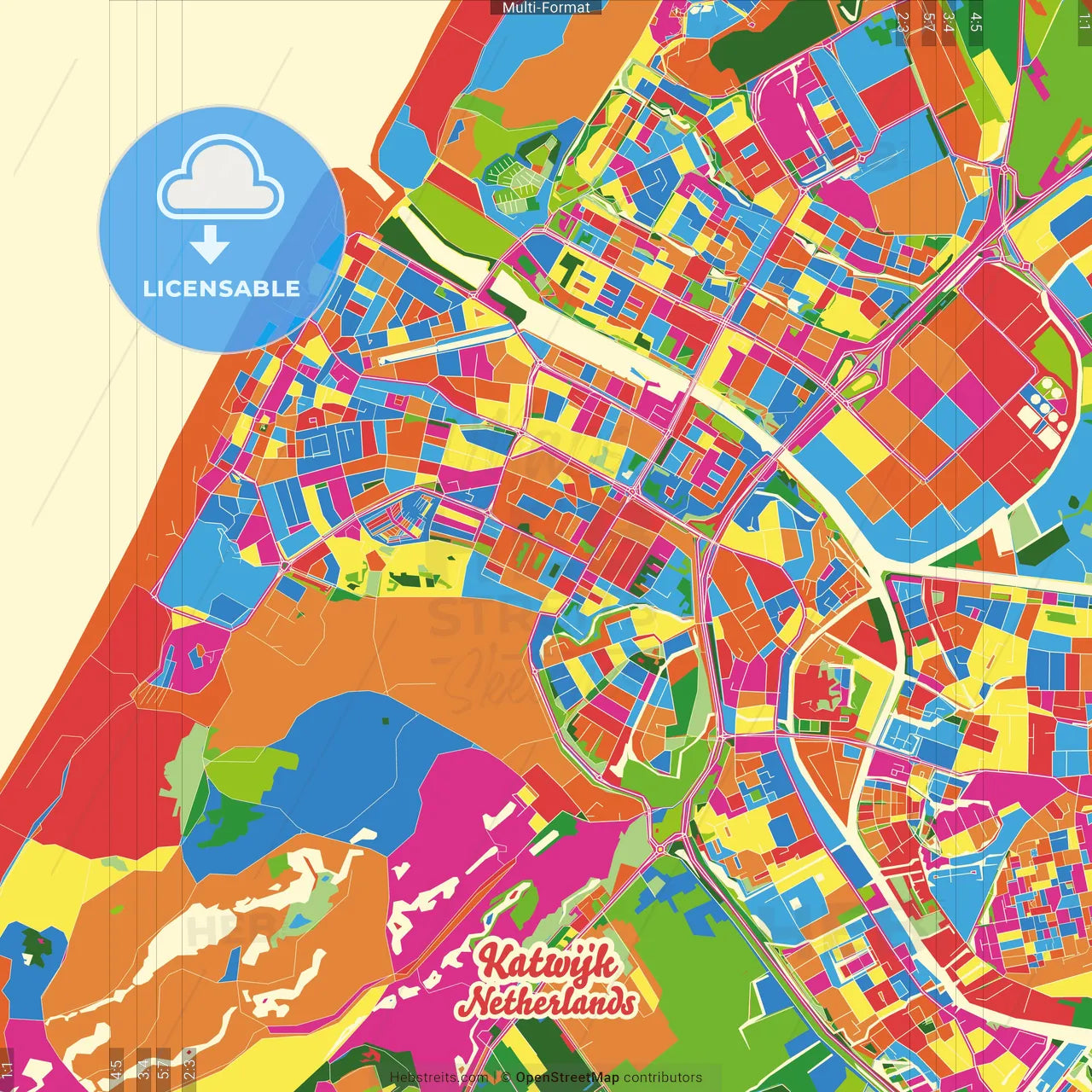 Katwijk, South Holland, Netherlands Crazy Colorful Street Map Poster Template