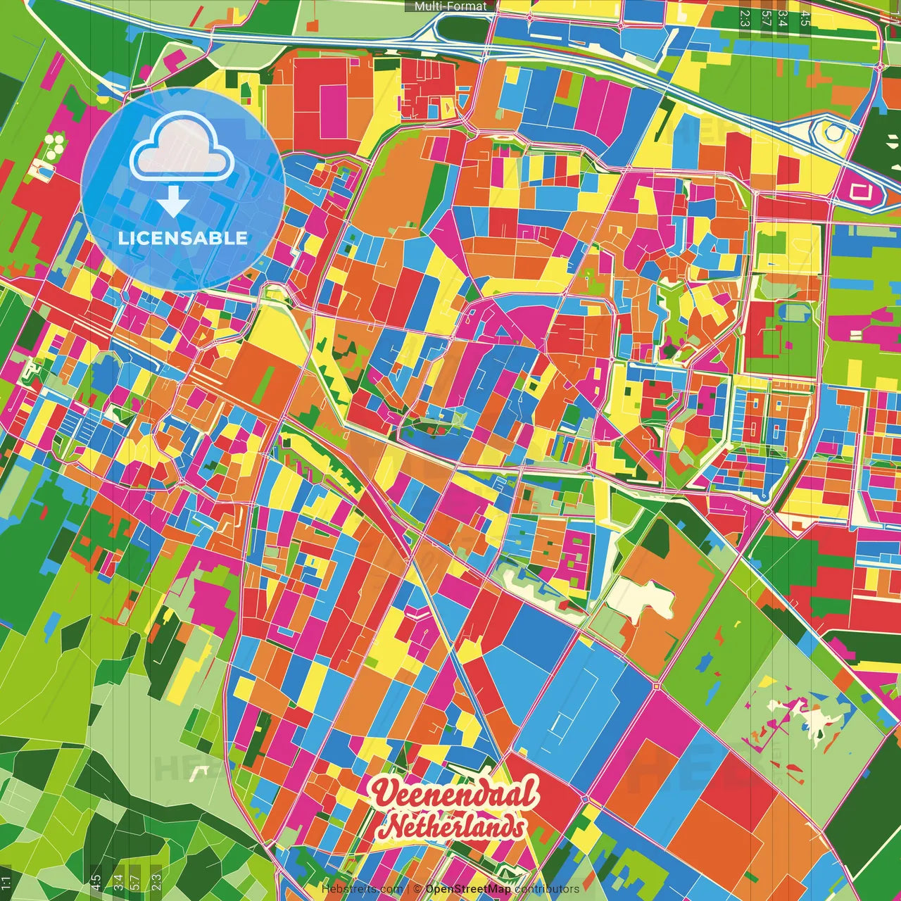 Veenendaal, Utrecht, Netherlands Crazy Colorful Street Map Poster Template