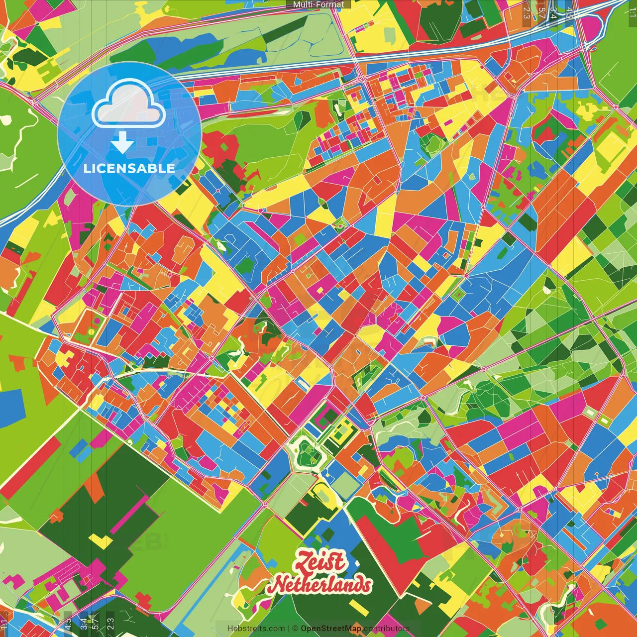 Zeist, Utrecht, Netherlands Crazy Colorful Street Map Poster Template