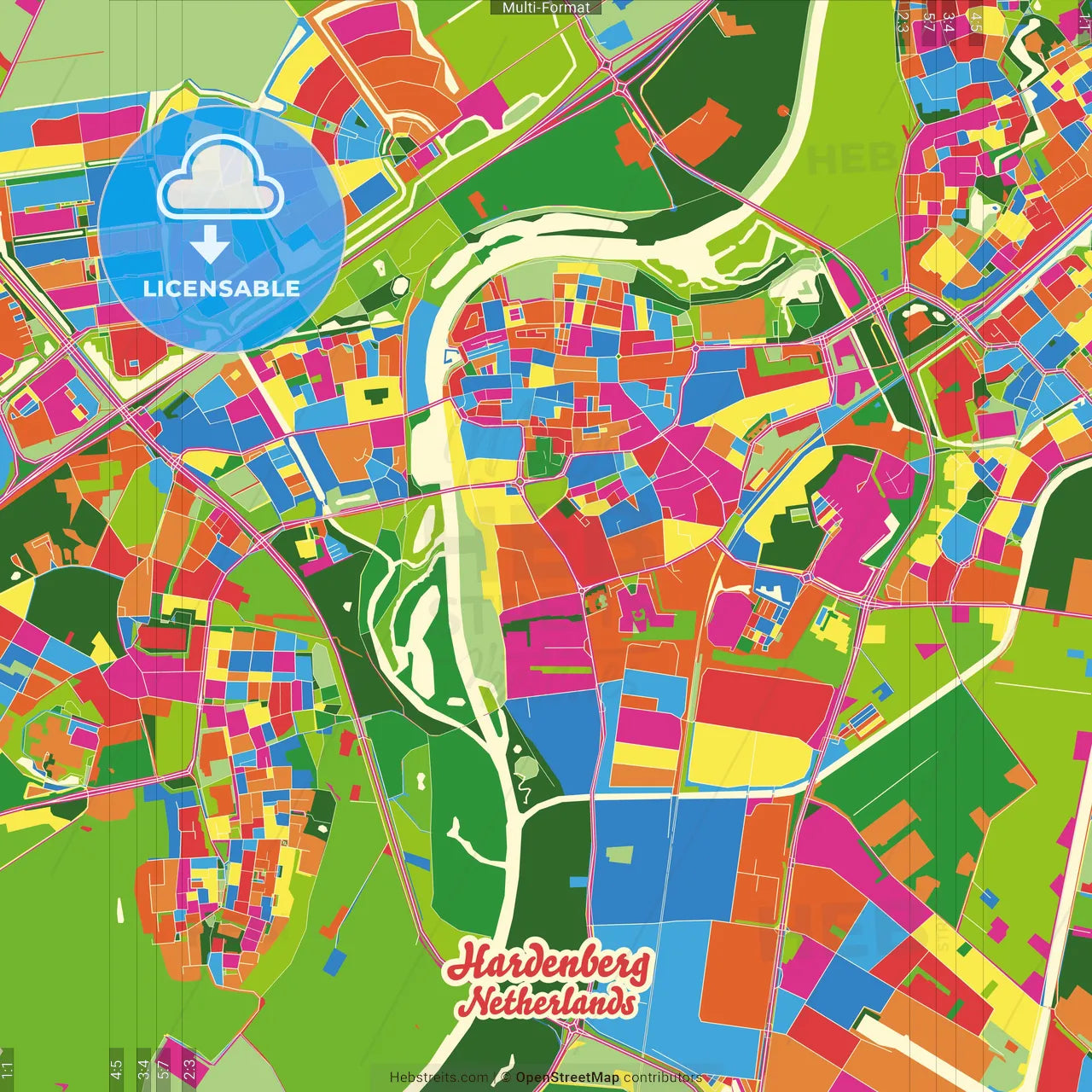 Hardenberg, Overijssel, Netherlands Crazy Colorful Street Map Poster Template