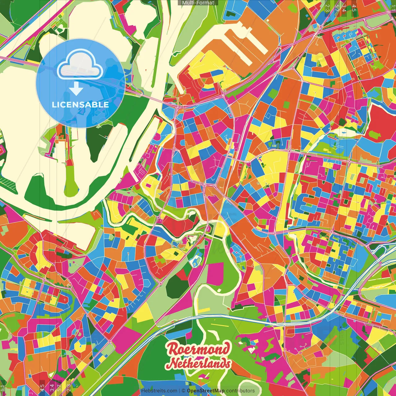 Roermond, Limburg, Netherlands Crazy Colorful Street Map Poster Template