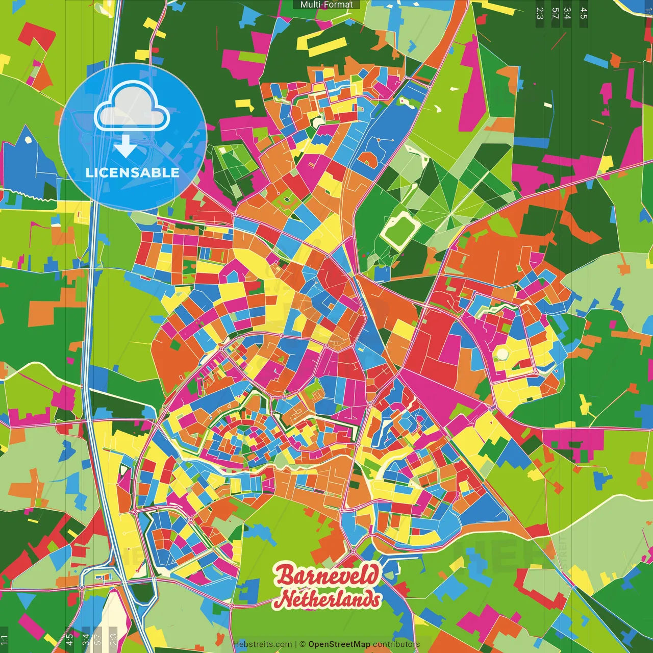 Barneveld, Gelderland, Netherlands Crazy Colorful Street Map Poster Template