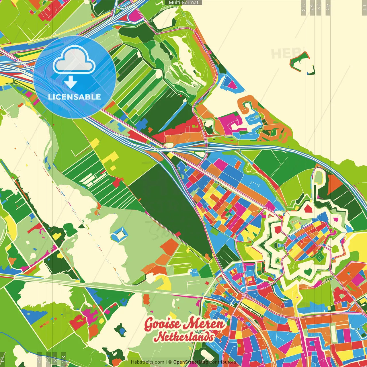 Gooise Meren, North Holland, Netherlands Crazy Colorful Street Map Poster Template