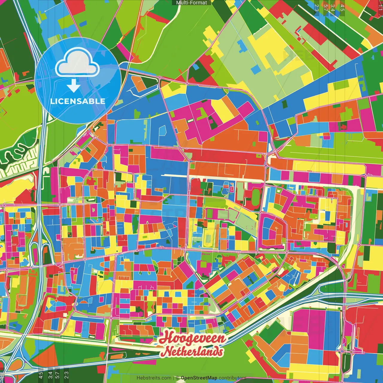 Hoogeveen, Drenthe, Netherlands Crazy Colorful Street Map Poster Template