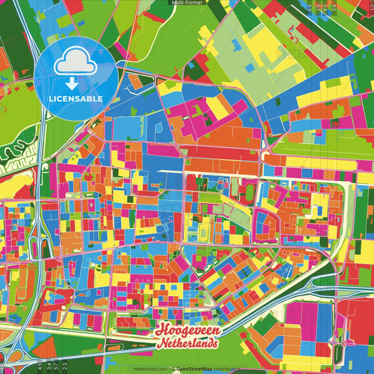 Hoogeveen, Drenthe, Netherlands Crazy Colorful Street Map Poster Template