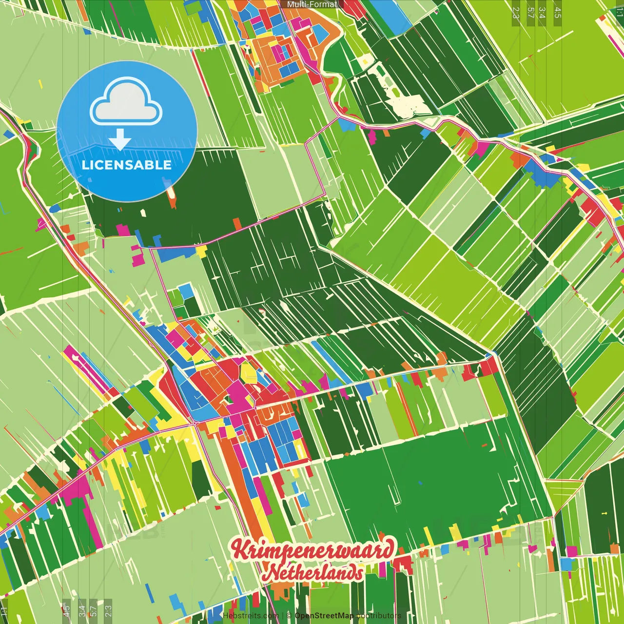 Krimpenerwaard, South Holland, Netherlands Crazy Colorful Street Map Poster Template