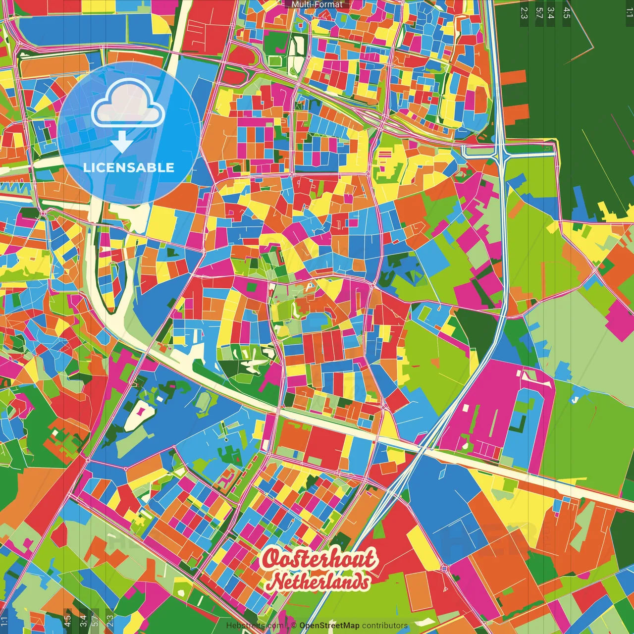 Oosterhout, North Brabant, Netherlands Crazy Colorful Street Map Poster Template